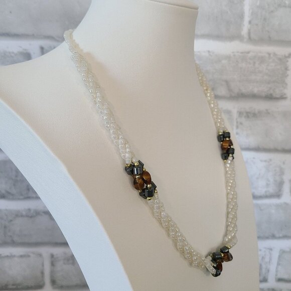 Beaded Necklace Hematite Stone white Irridescent Glass Beads Multi Strand Twist - Picture 5 of 7